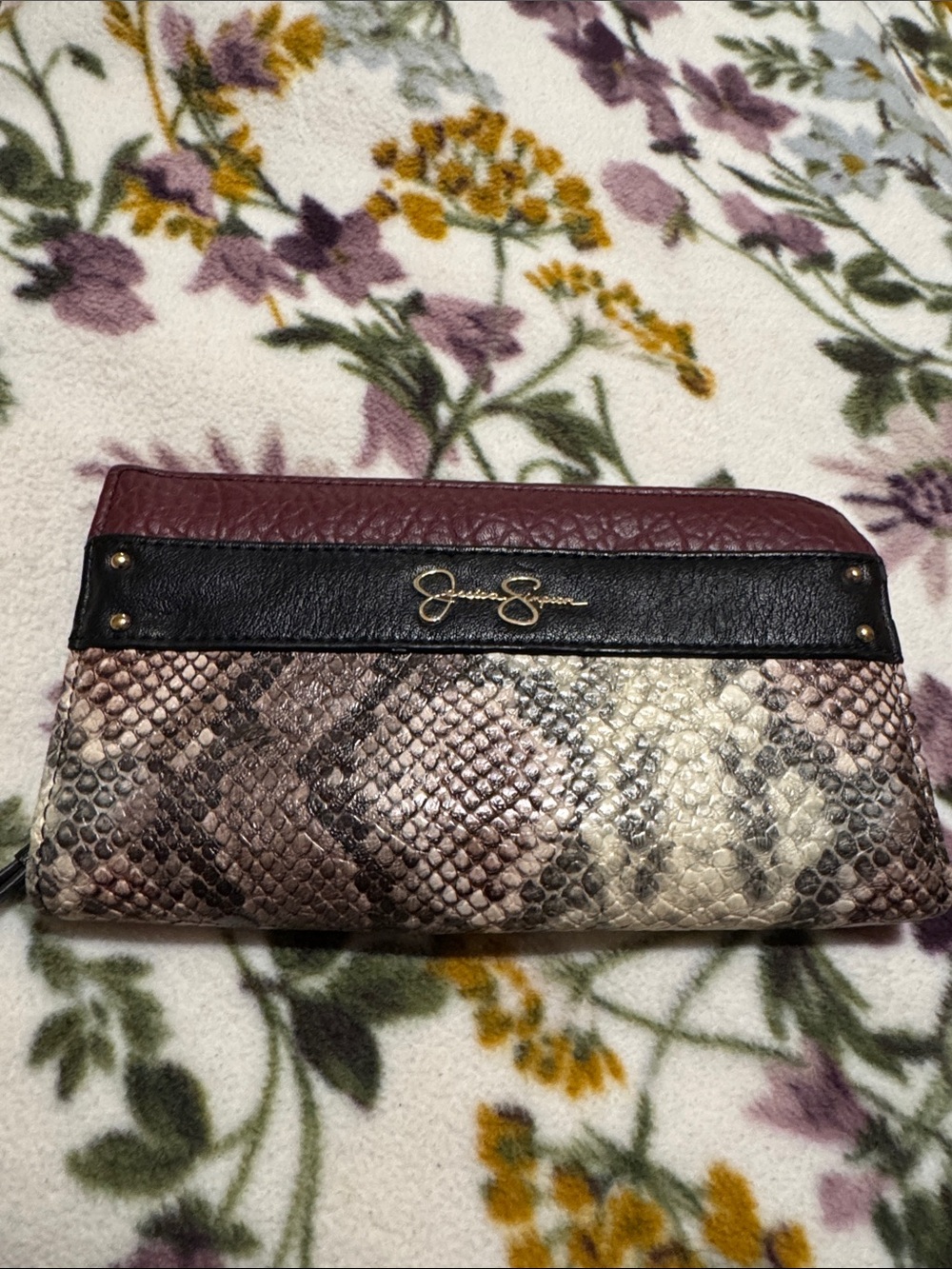 Jessica Simpson Burgundy Black and Snake-Print Zip Wallet